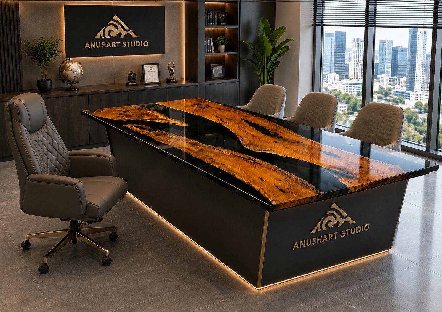 Black resin and amber live-edge wood executive desk