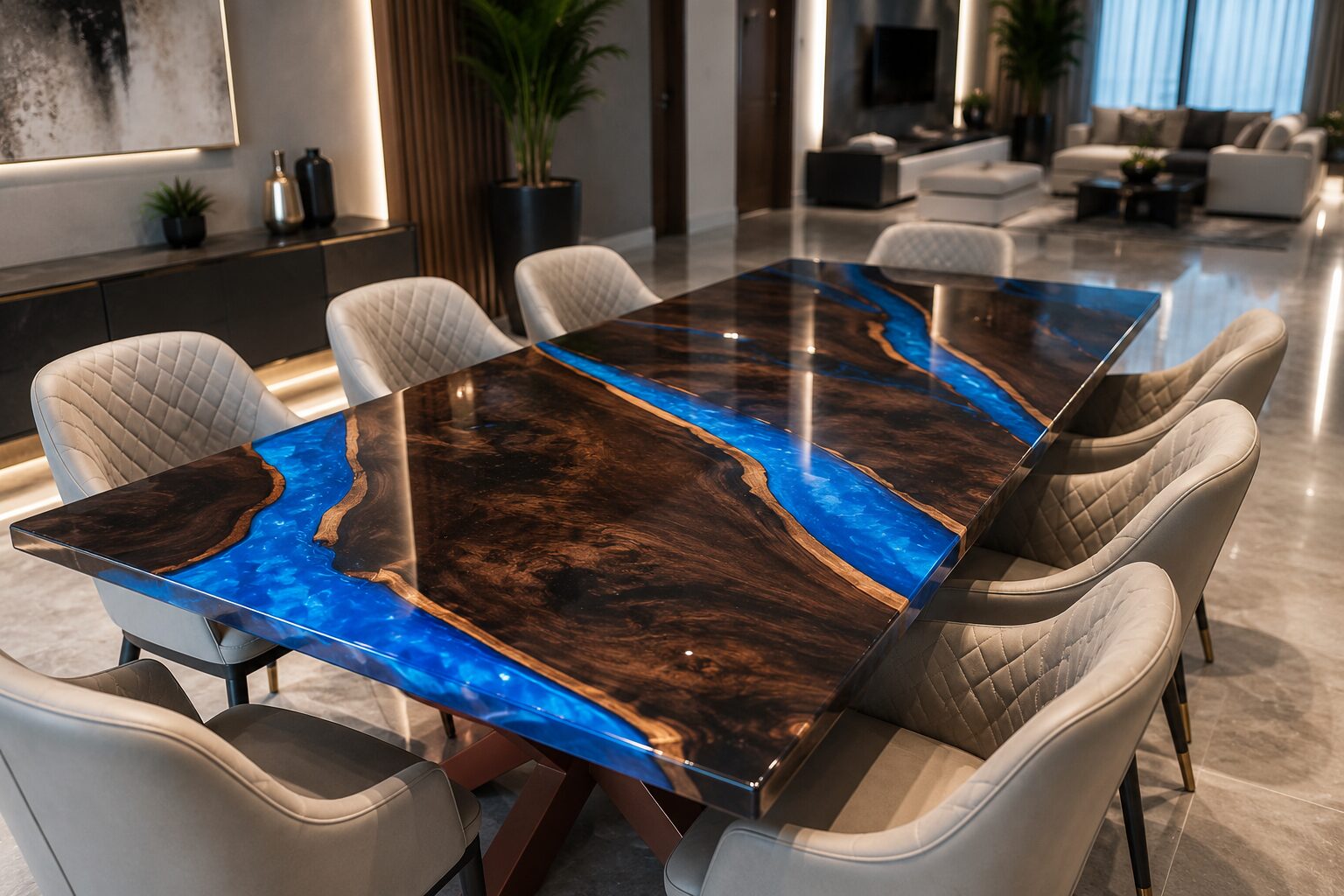 Dark walnut dining table with electric blue resin river