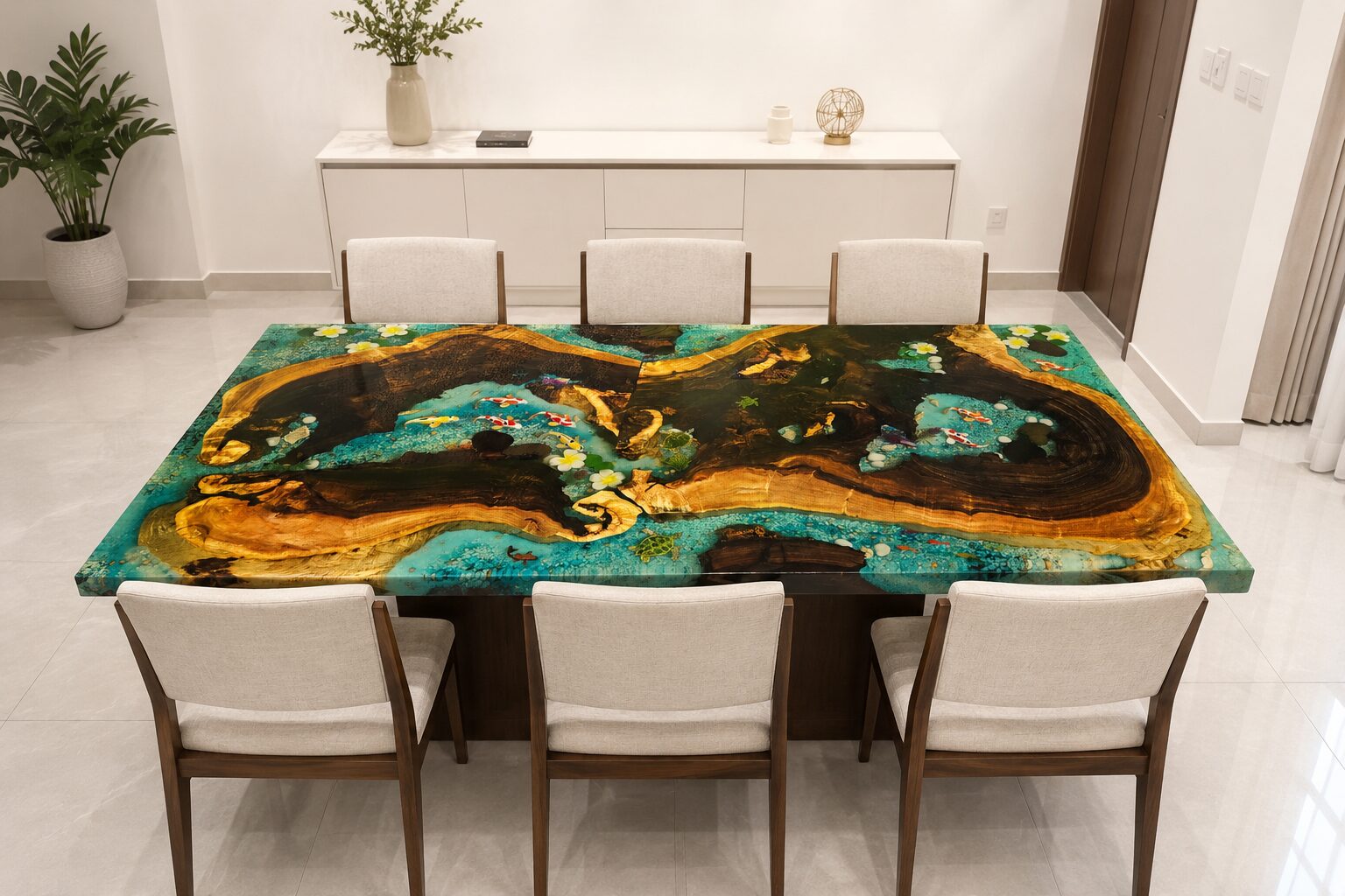 Turquoise Koi Pond dining table — live-edge wood with hand-set koi fish cast in blue-green epoxy resin, by Anushart Studio