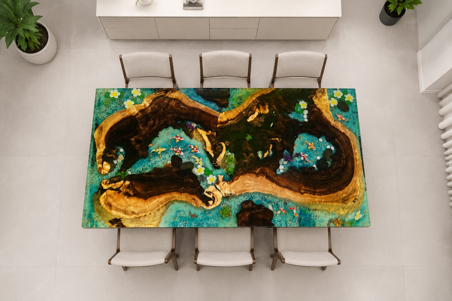 Emerald green resin table with hand-painted koi fish and flowers